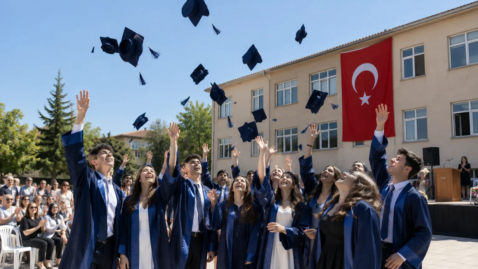 Mezuniyet töreninde kep atan lise öğrencileri